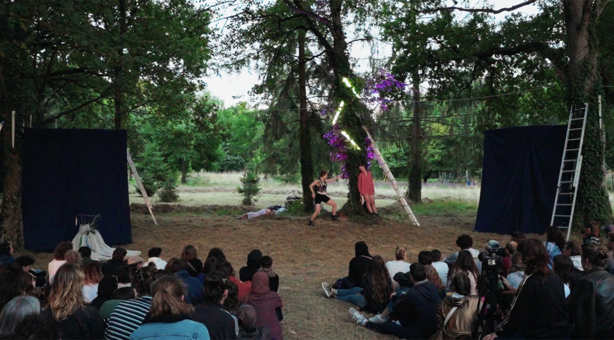 Vue d’ensemble du spectacle Le Songe d’une nuit d’été joué en forêt devant le public